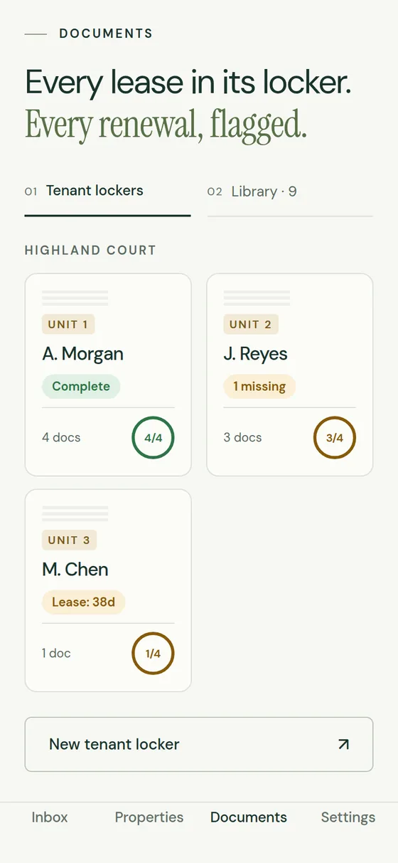 Documents tab: tenant lockers grouped by property, each with a ring showing required documents on file.