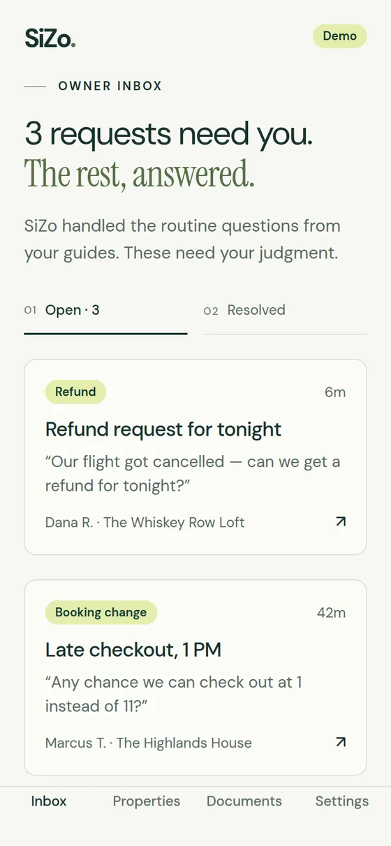 SiZo owner app inbox: 3 requests need you, the rest answered.