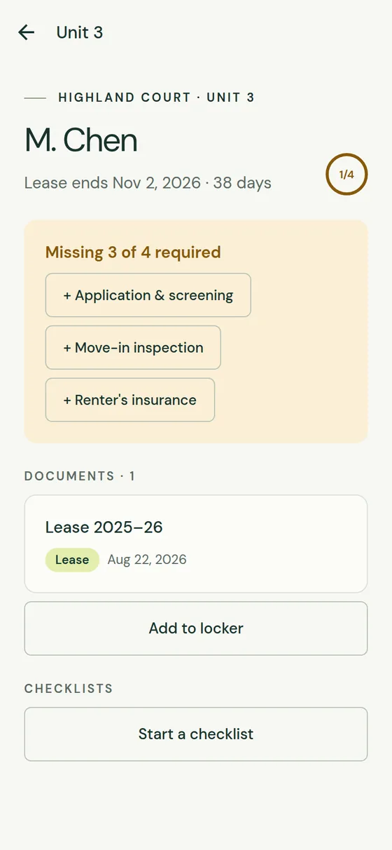 One tenant's locker: lease ends in 38 days, three required documents missing, each one tap to add.