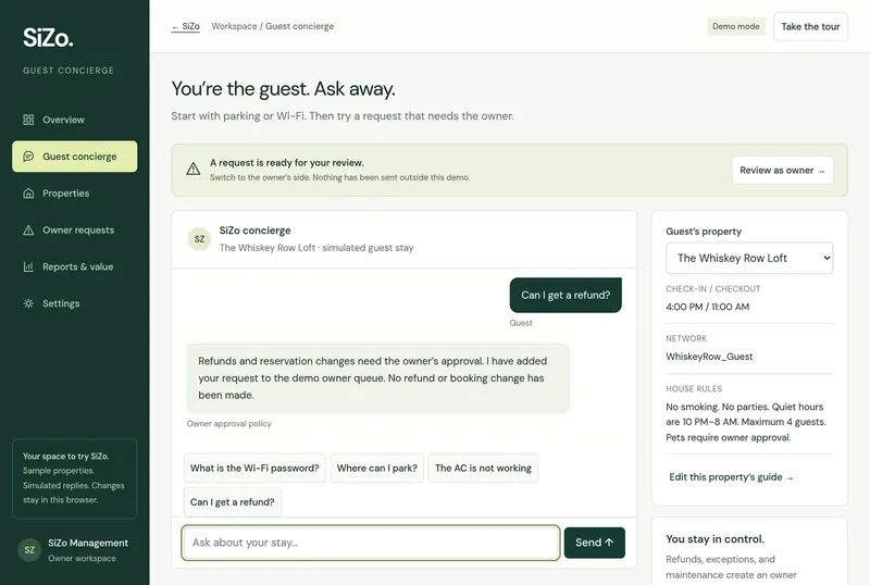 Guest concierge screen: a refund request gets a clear reply that the owner will review it.