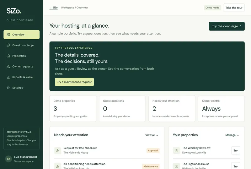 Owner overview with properties, guest questions and what's waiting on the owner.